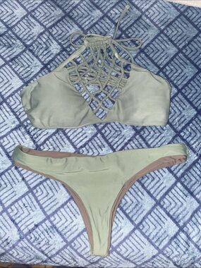 High-Neck Macramé Olive Green Bikini Set